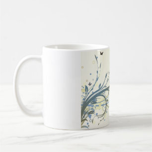 Mug Élégantes volutes florales bleues et or avec papil
