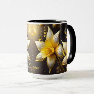 Mug Élégants jonquilles avec accents dorés, personnali