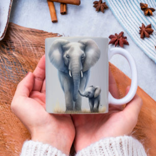 Mug Eléphant et bébé africain majestueux en aquarelle