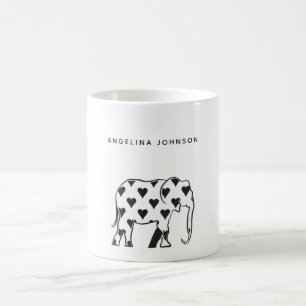 Mug Éléphant, motif minimal noir et blanc nom