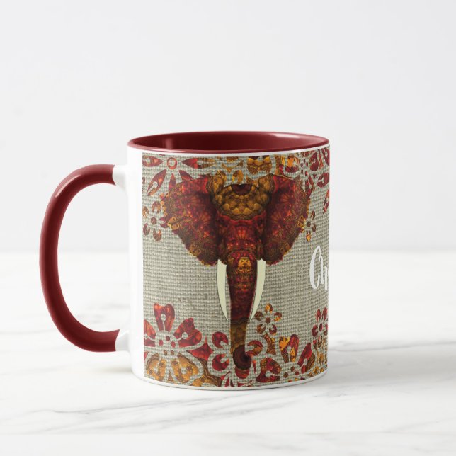 Mug Eléphant Orné Couleurs Rustiques Personnalisées (Gauche)