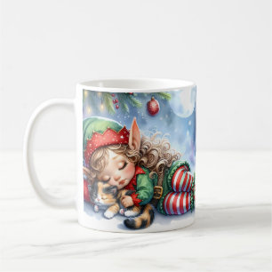 Mug Elfe de Noël couché avec Calico Kitten