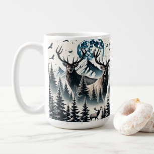 Mug Elk dans une forêt mystique sous une montagne lune