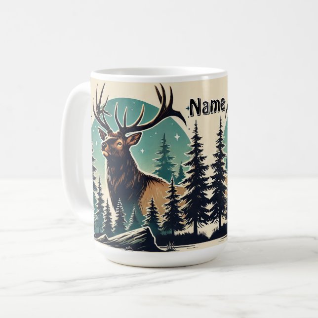 Mug Elk personnalisé en forêt avec ciel étoilé (Devant gauche)