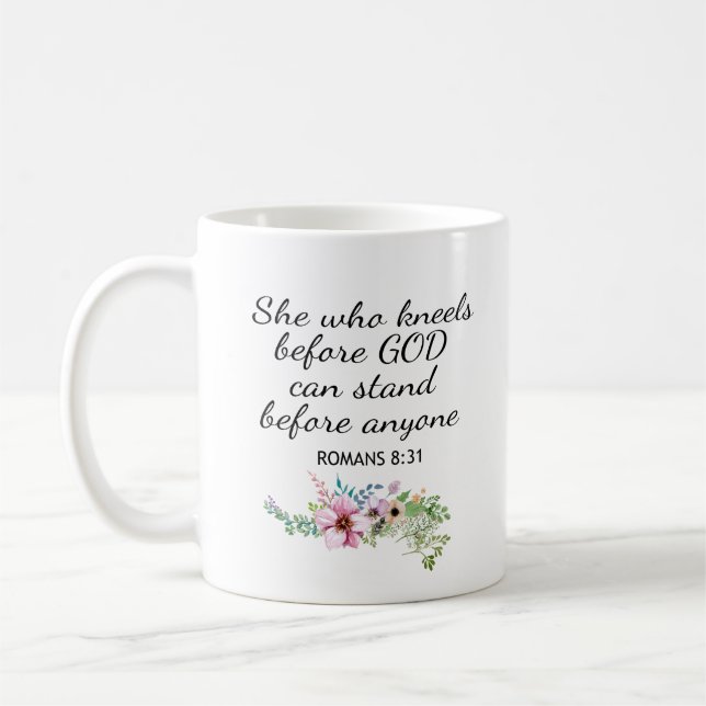 Mug Elle Qui Mange Romains 8:31 Écriture Biblique (Gauche)