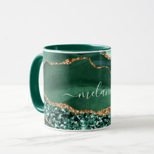 Mug Emerald Green Parties scintillant en or marbre Nom