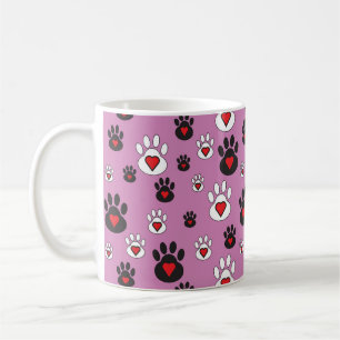 Mug Empreintes de pattes aux coeurs rouges sur rose