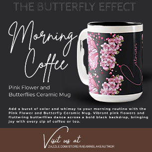 Mug en céramique Fleur rose et papillons