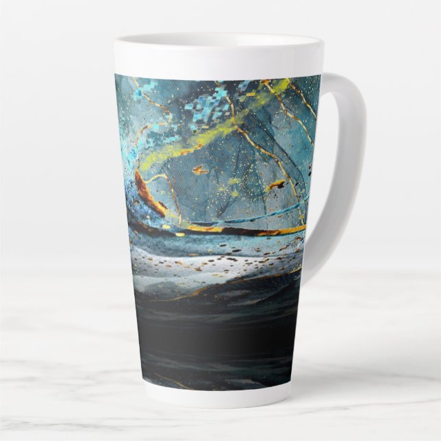 Mug en latte d'onde moderne bleu et noir Abstrait (Angle droit)