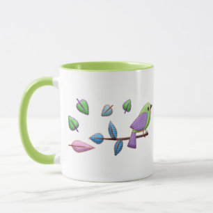Mug En vichy mignon oiseau aux Feuilles pastel
