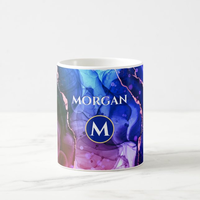 Mug Encre Liquide Violet Rouge Bleu, Monogramme & Nom (Centre)