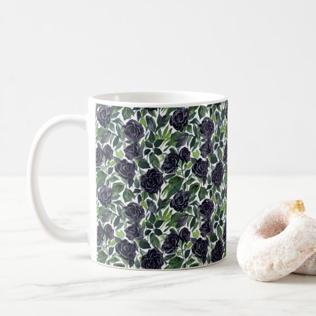 Mug Endless flowers: black roses watercolor pattern (Avec donut)