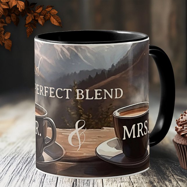 Mug Enregistrer le Faire-part Mariage de date (Wedding Mr. and Mrs. mug featuring a painting of two coffee cups overlooking a mountain landscape)