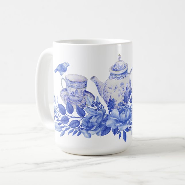 Mug Ensemble de thé bleu et blanc avec boue d'oiseaux (Devant gauche)