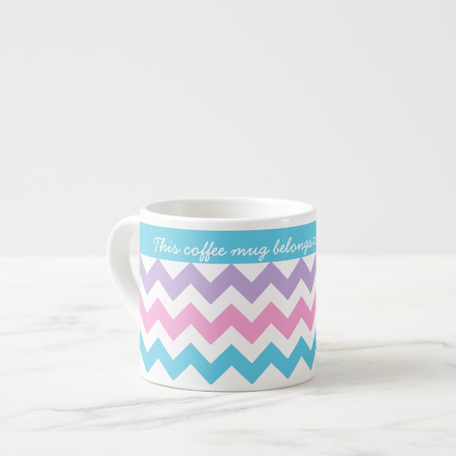 Mug Espresso Personnalisé, Turquoise, Rose, Chevro (Devant gauche)