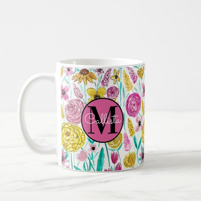 Mug Été rose Fleurs Jaunes Aquarelle Monogramme (Gauche)
