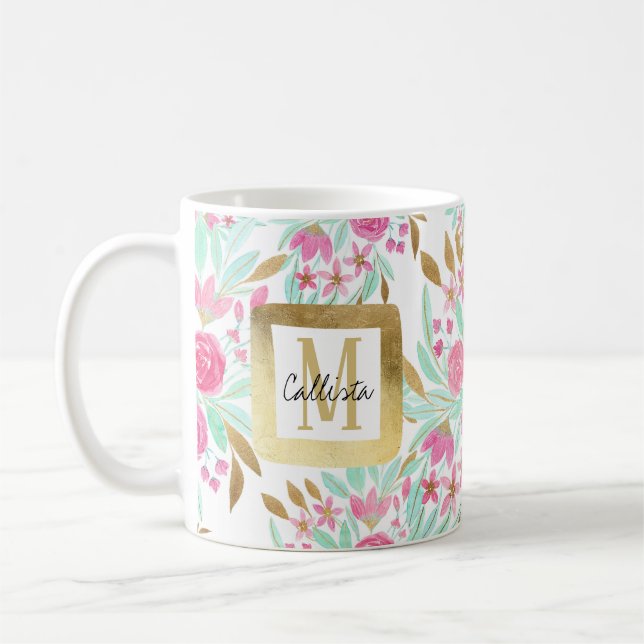 Mug Eté rose or Turquoise Aquarelle Fleurs Motif (Gauche)