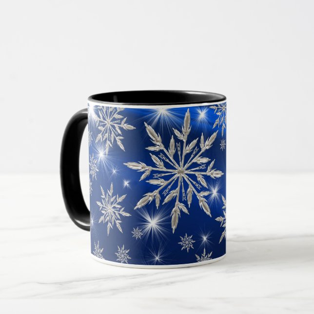 Mug étoiles de Noël bleu avec cristal de glace blanc (Devant gauche)