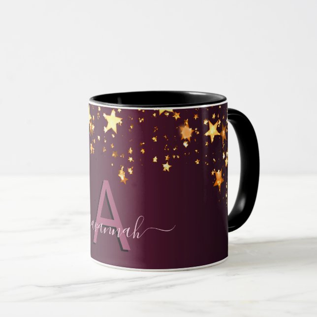 Mug étoiles d'or rose bordeaux goutte de script monogr (Devant droit)