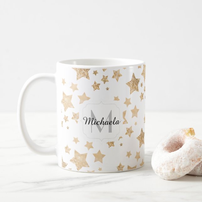 Mug Étoiles or brillant Noël Monogramme blanc (Avec donut)