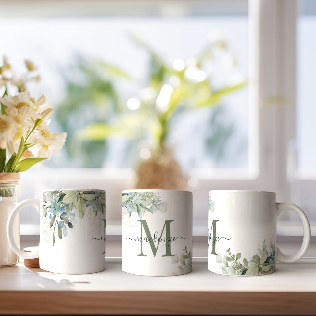 Mug Eucalyptus Moderne Verdure Monogramme Floral (Pretty Eucalyptus Greenery Monogram Mug)