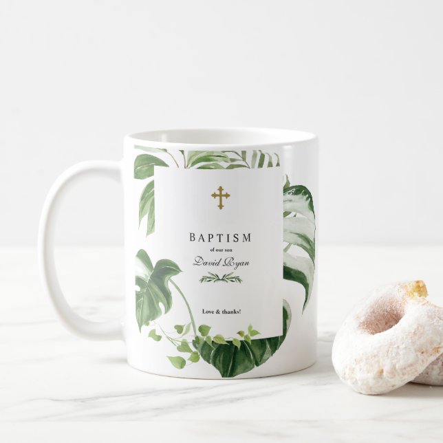 Mug Exotique Tropical Feuille Gold Cross Boy Baptême (Avec donut)
