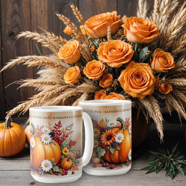 Mug Exquisite Fall Pumpkins Wildflowers Custom Name (Exquisite Fall Pumpkins, Wildflowers and Autumn Branches Composition Design with Customizable Name.)
