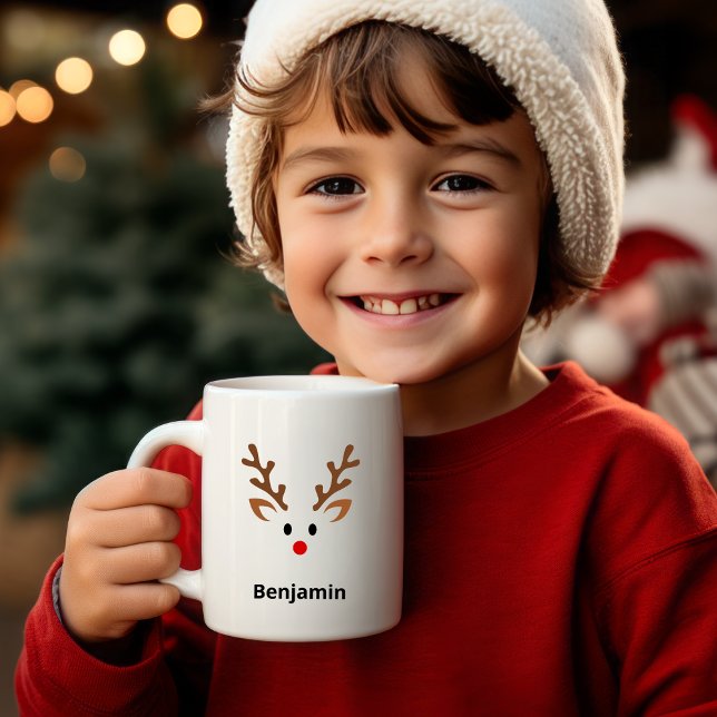 Mug Face de renne mignonne avec nom de noeud rouge (Créateur téléchargé)