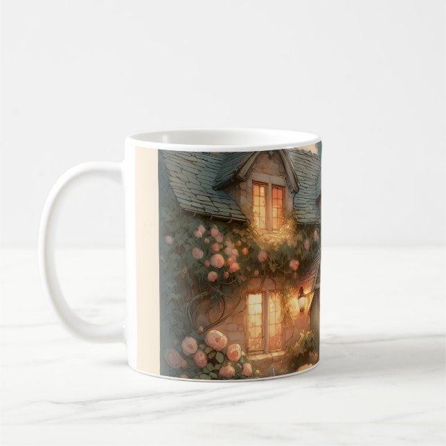 Mug Fairytale Cottage au coucher du soleil avec Rose (Gauche)