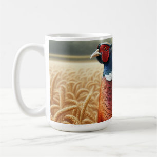 Mug faisan en champ de blé d'or avec ferme