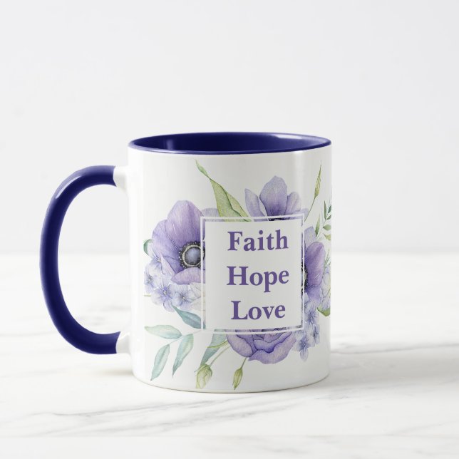 Mug Faith Hope Amour avec fleurs d'aquarelle Monogramm (Gauche)