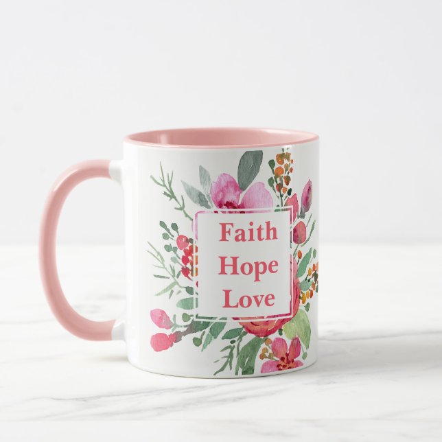 Mug Faith Hope Love aquarelle fleurs Monogramme (Gauche)