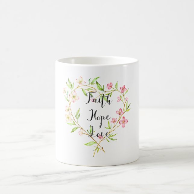 Mug Faith Hope Love Rose Aquarelle Coeur Floral (Centre)