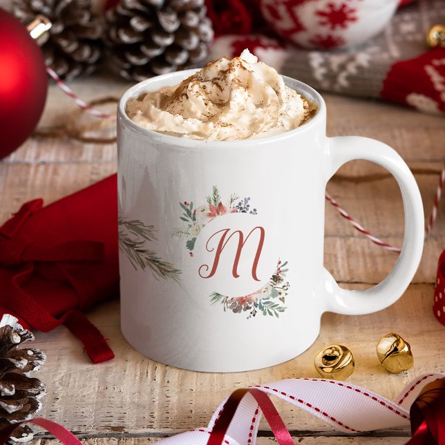 Mug Famille de Noël Monogramme Aquarelle Florale (Créateur téléchargé)