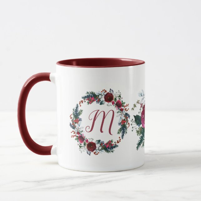 Mug Famille de Noël monogramme fleurs saisonnière (Gauche)