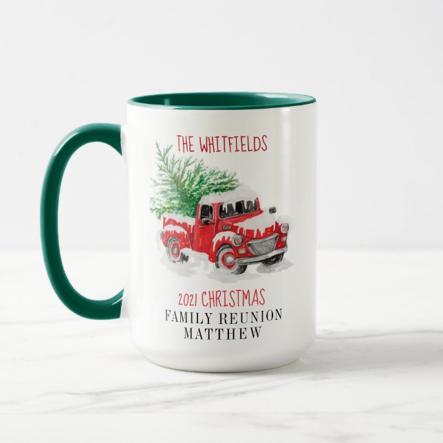 Mug Famille de Noël Réunion Camion Rouge Personnalisé (Gauche)