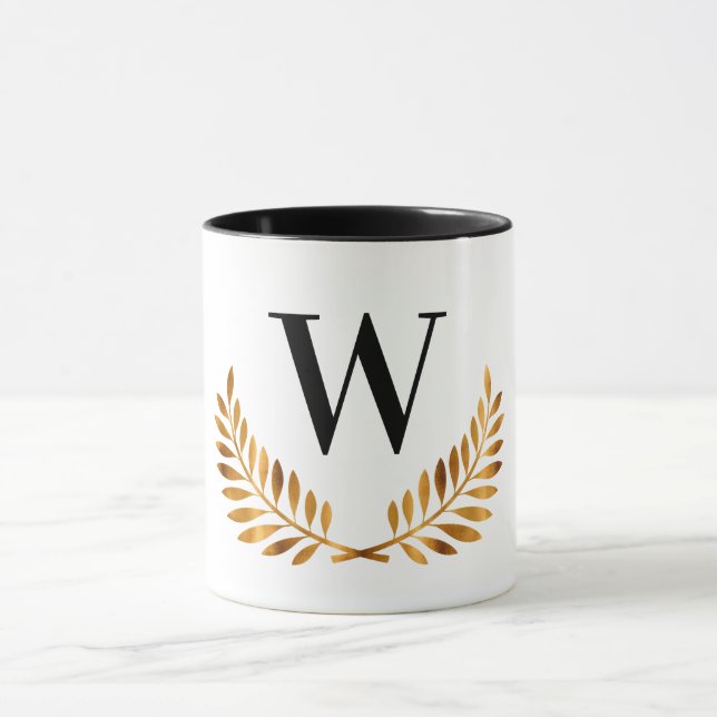 Mug Famille monogramme or initial noir laurier couronn (Centre)