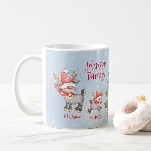 Mug Famille personnalisée mignonne de 4 Reindeer Noël (Avec donut)
