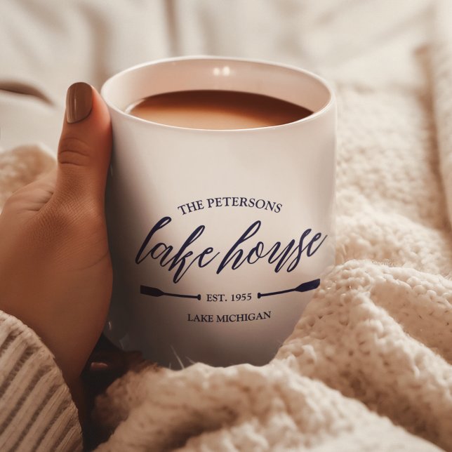 Mug Family Lake House Location Nautique Décor Personna (Lake House Family Name Vacation Rental Custom Decor Nautical Coastal Oar Navy Script Unique Rustic)