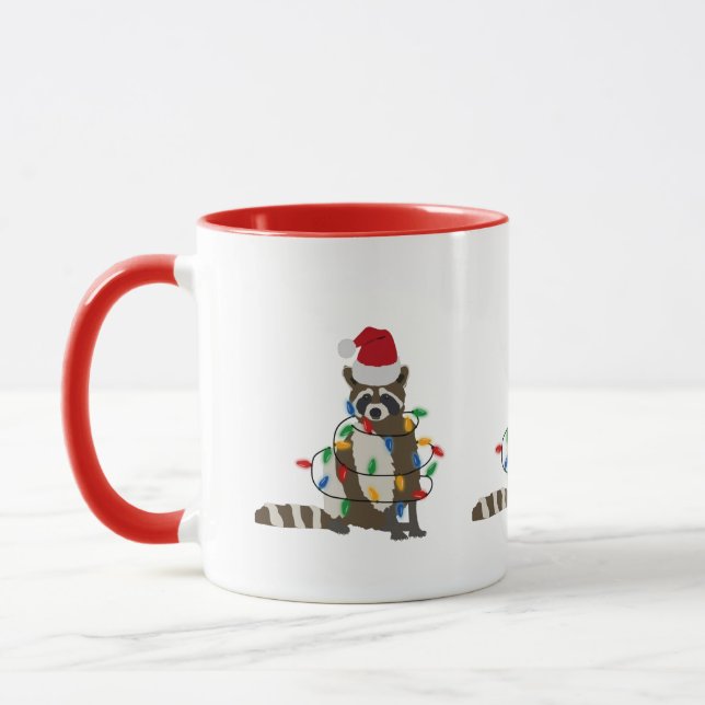 Mug Fantaisie Noël Raccoon Santa Hat Noël Lumières (Gauche)