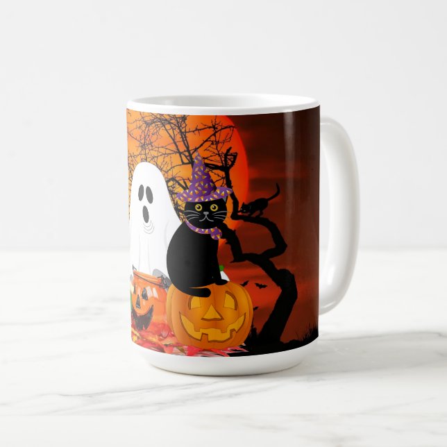 Mug Fantôme d'Halloween effrayant et chat noir (Devant droit)