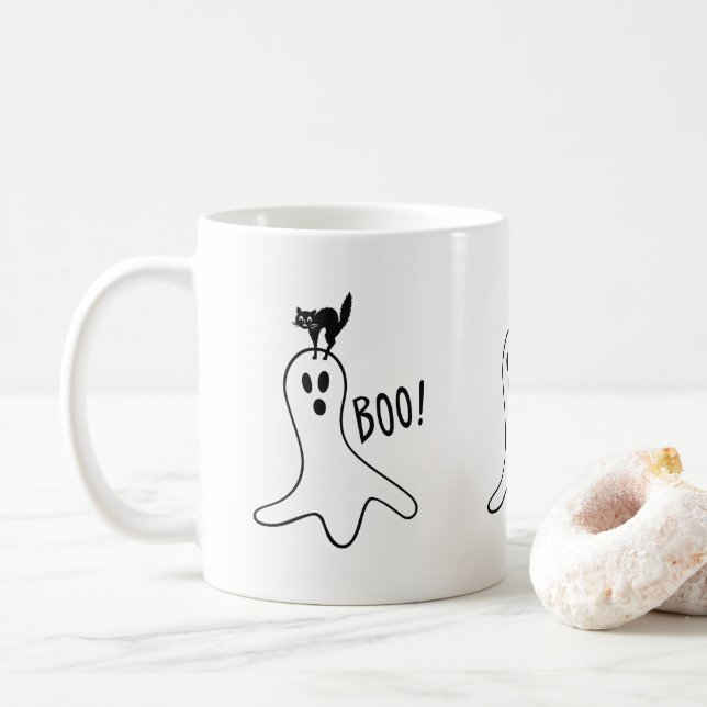 Mug Fantôme et chat noir Halloween Cute Éffrayante (Avec donut)