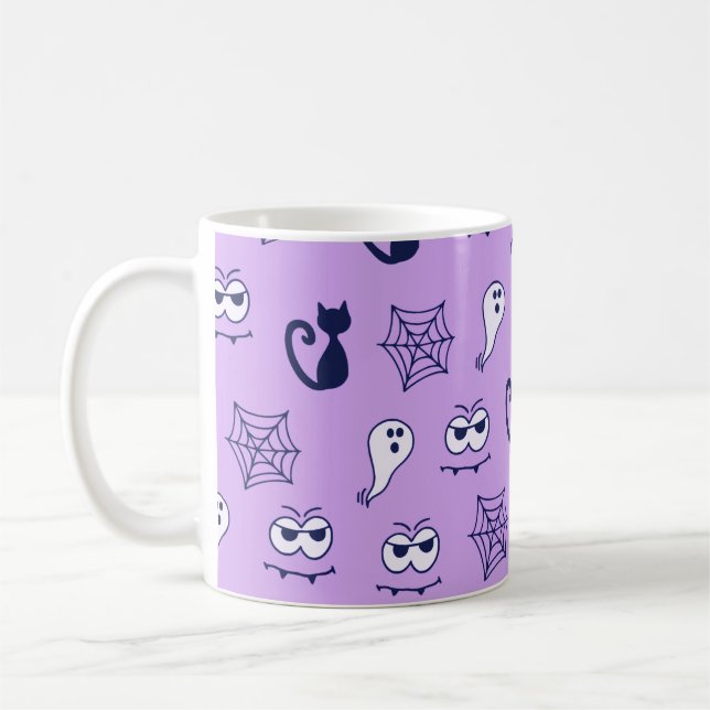 Mug Fantôme, toiles d'araignées et chats noirs violet (Gauche)