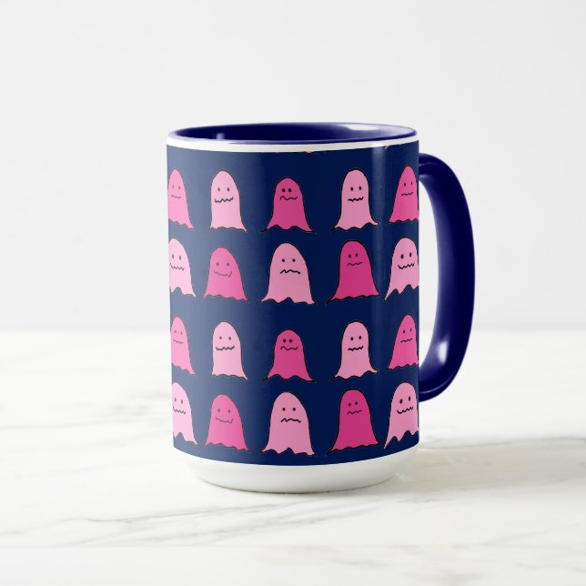 Mug Fantômes d'Halloween rose sur bleu foncé (Devant droit)