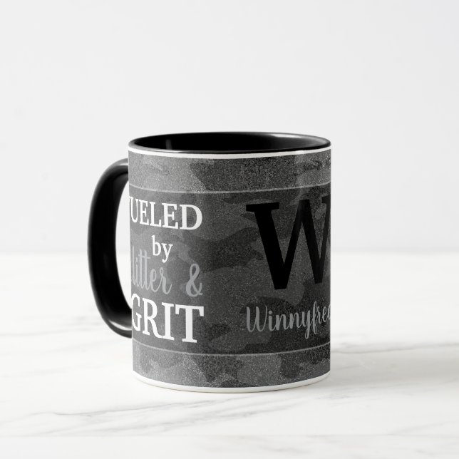 Mug Faux Black Metallic Camouflage Glitter Monogram (Devant gauche)