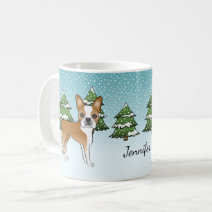 Mug Fawn Boston Terrier Dans Une Forêt D'Hiver & Nom
