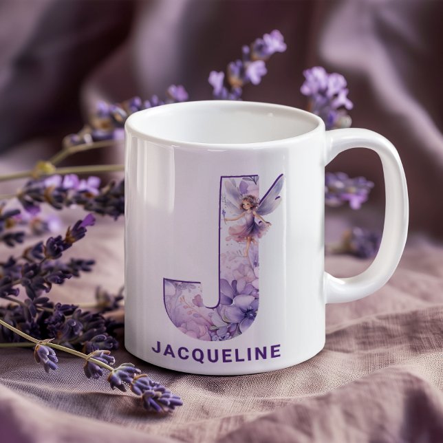 Mug Fée Lilac personnalisée Monogramme J (Personalized Lilac Fairy Monogram J Coffee Mug)
