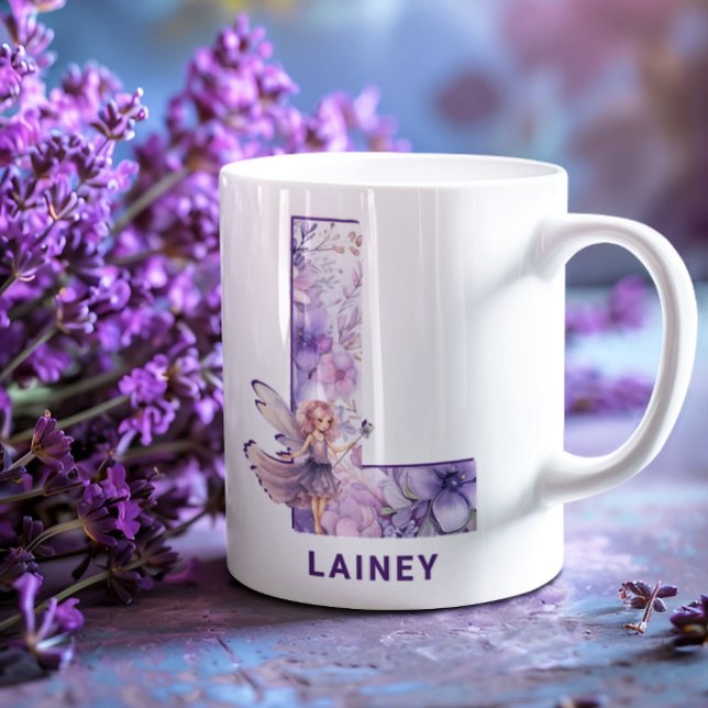 Mug Fée Lilac personnalisée Monogramme L (Personalized Lilac Fairy Monogram L Coffee Mug)