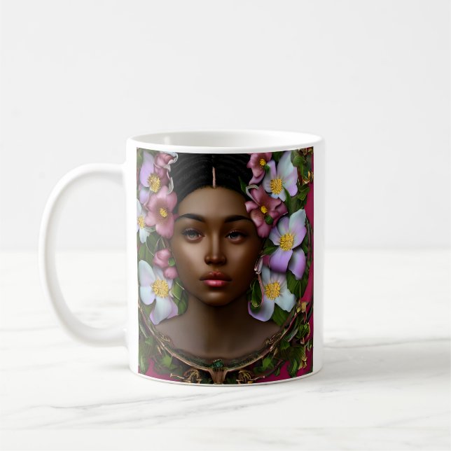 Mug Femme afro-américaine sereine avec fleurs (Gauche)