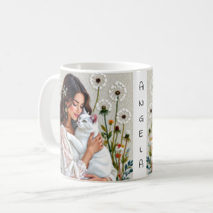 Mug Femme et chat blanc et pissenlits 